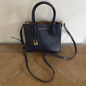 Michael Kors Mercer Med Crossbody Satchel Navy Blue Pebbled Leather